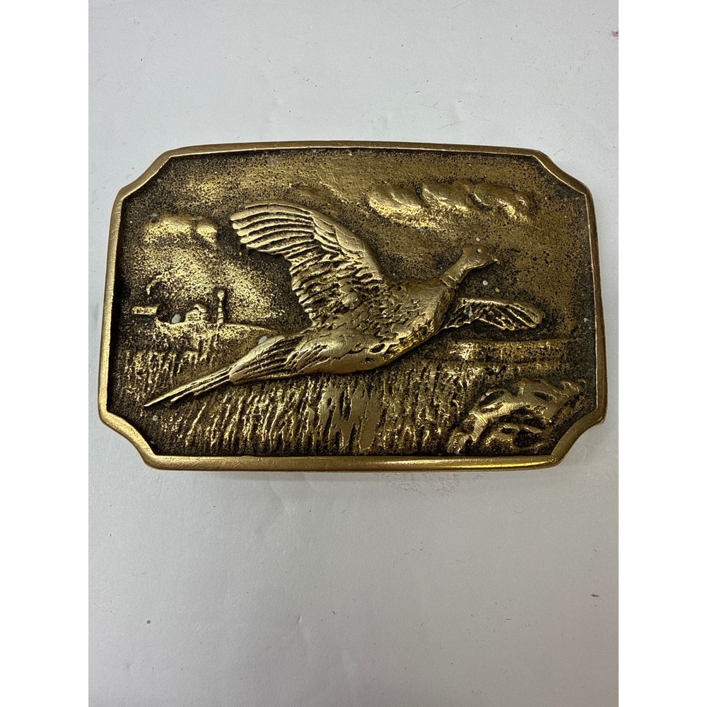 Vintage 1978 BTS SolidBrass Pheasant Bird Hunting BeltBuckle Made in US GoldTone